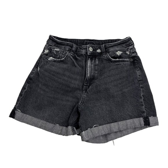 American Eagle Womens Size 4 Black Denim Relaxed Mom Shorts Distressed Cuff - Picture 1 of 8